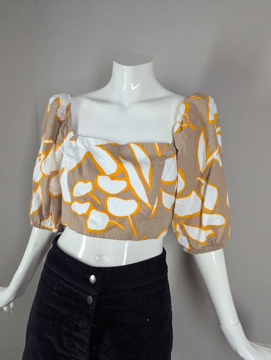Dynamite Tops - Dynamite Crop Top Small Linen Blend Puff Sleeve Tie Back Summer Top